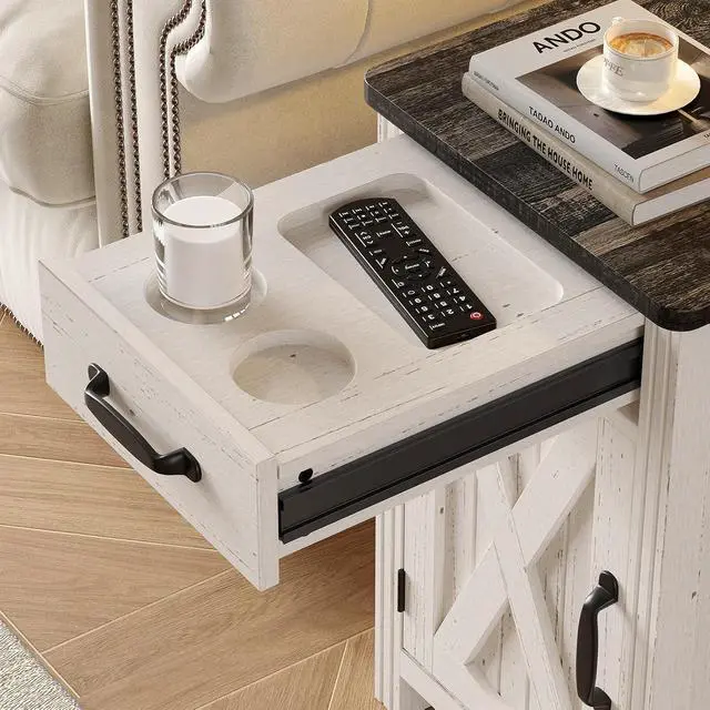 Alt view image 5 of 7 - 23"Farmhouse End Table with Storage, Side Table with Charging Station White