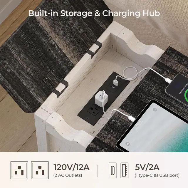 Alt view image 4 of 7 - 23"Farmhouse End Table with Storage, Side Table with Charging Station White