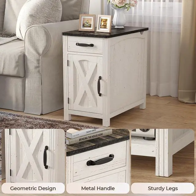 Alt view image 7 of 7 - 23"Farmhouse End Table with Storage, Side Table with Charging Station White