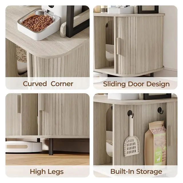 Alt view image 4 of 7 - 54 in Cat Litter Box Enclosure with Shelves&Charing Station,White