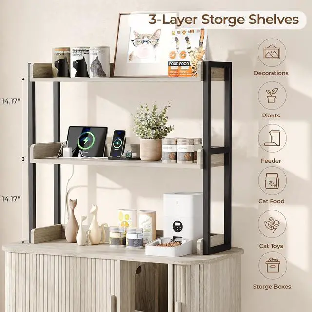 Alt view image 6 of 7 - 54 in Cat Litter Box Enclosure with Shelves&Charing Station,White