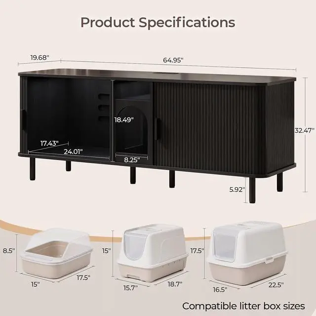 Alt view image 2 of 7 - 65" Double Cat Litter Box Enclosure with Power Outlet,Black
