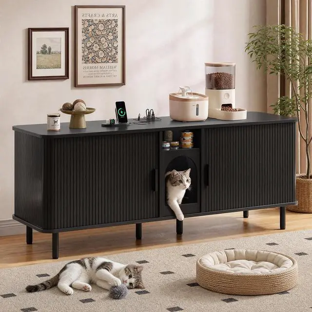 Main image of 65" Double Cat Litter Box Enclosure with Power Outlet,Black