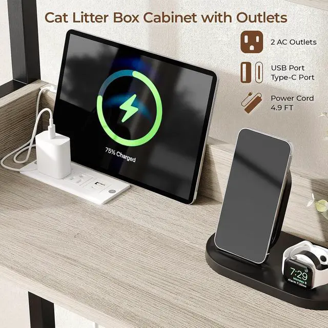 Alt view image 5 of 7 - 54 in Cat Litter Box Enclosure with Shelves&Charing Station,White