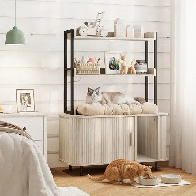 Alt view image 7 of 7 - 54 in Cat Litter Box Enclosure with Shelves&Charing Station,White
