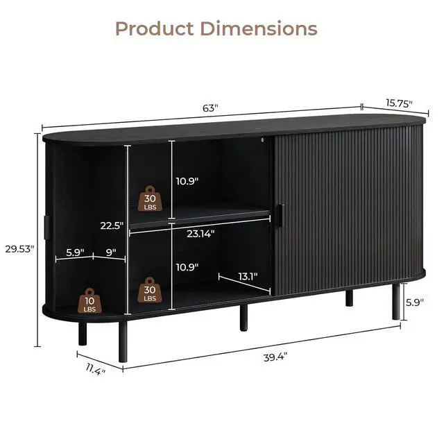 Alt view image 2 of 7 - Buffet Cabinet with Storage, Fluted Buffet Sideboard (63"/Black)