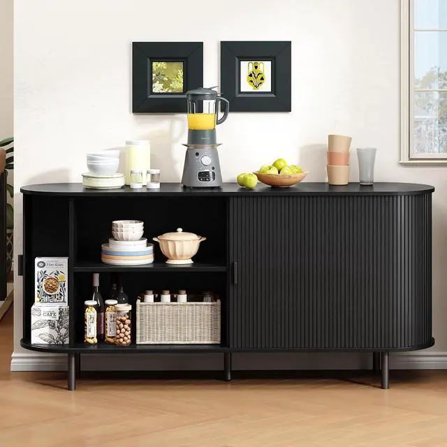 Alt view image 4 of 7 - Buffet Cabinet with Storage, Fluted Buffet Sideboard (63"/Black)