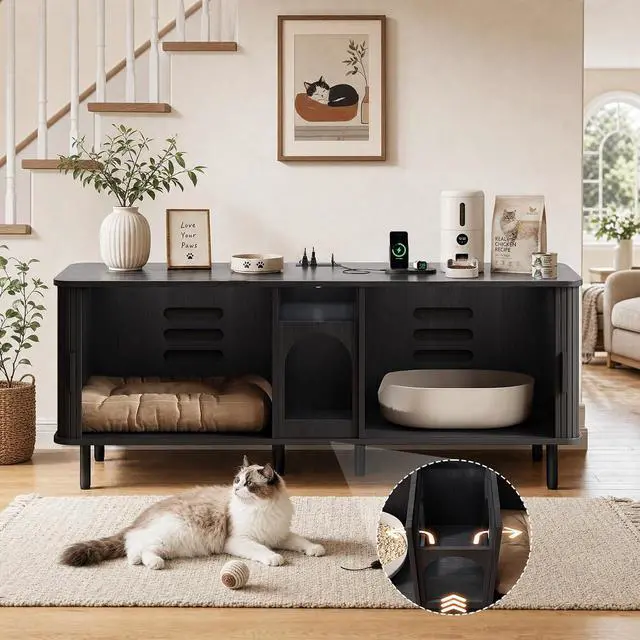 Alt view image 4 of 7 - 65" Double Cat Litter Box Enclosure with Power Outlet,Black