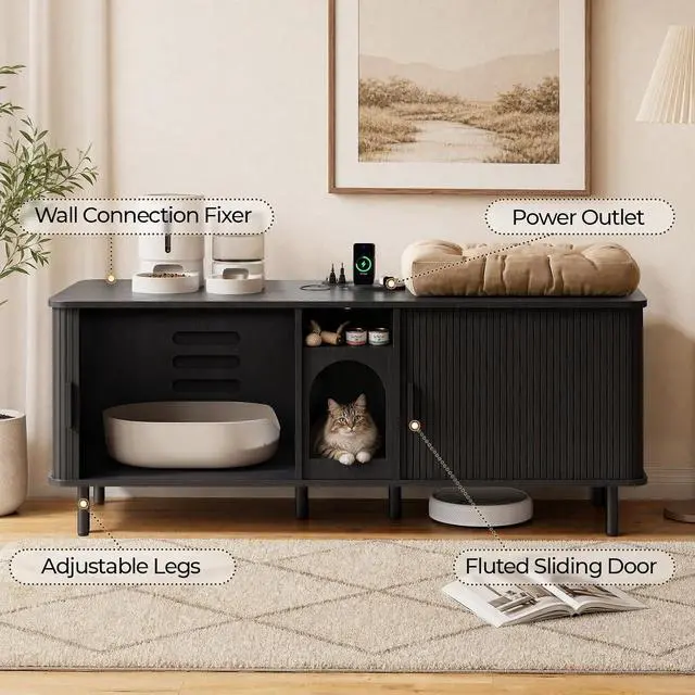 Alt view image 5 of 7 - 65" Double Cat Litter Box Enclosure with Power Outlet,Black
