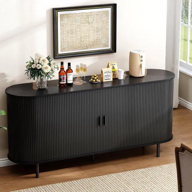 Alt view image 6 of 7 - Buffet Cabinet with Storage, Fluted Buffet Sideboard (63"/Black)