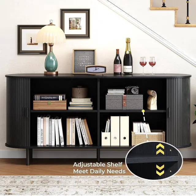 Alt view image 3 of 7 - Buffet Cabinet with Storage, Fluted Buffet Sideboard (63"/Black)