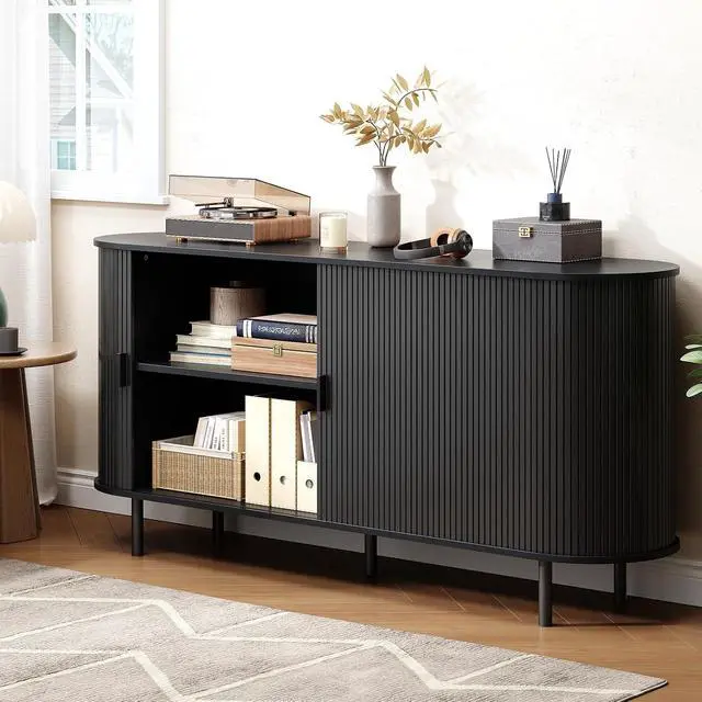 Alt view image 7 of 7 - Buffet Cabinet with Storage, Fluted Buffet Sideboard (63"/Black)