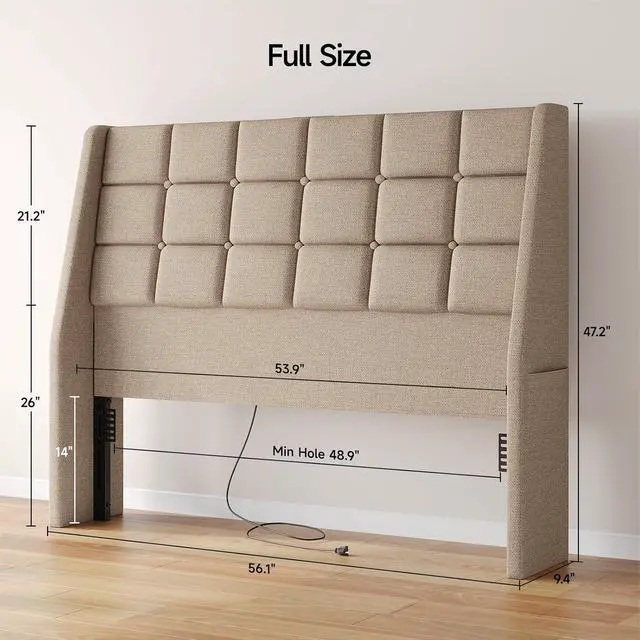 Alt view image 2 of 7 - Ergonomic Upholstered Full Size Headboard with Charging Station, Beige