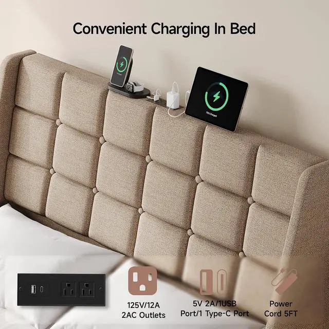 Alt view image 4 of 7 - Ergonomic Upholstered Full Size Headboard with Charging Station, Beige