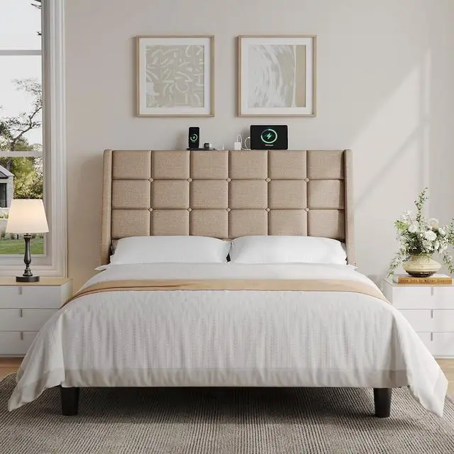 Alt view image 6 of 7 - Ergonomic Upholstered Full Size Headboard with Charging Station, Beige