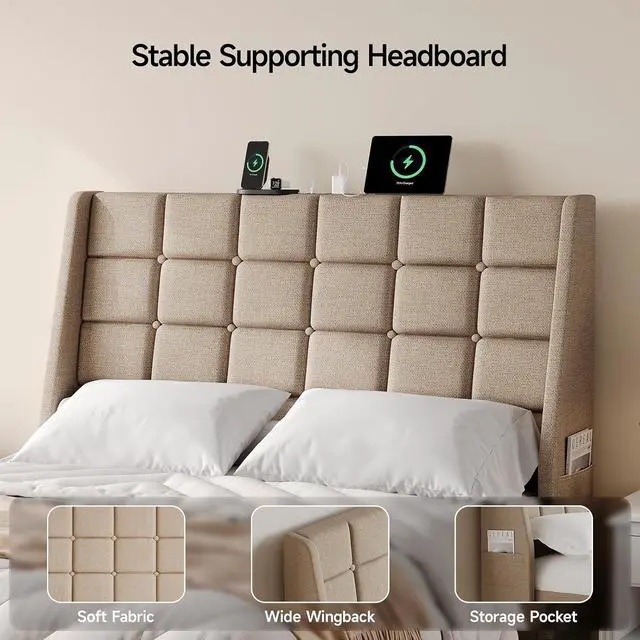 Alt view image 7 of 7 - Ergonomic Upholstered Full Size Headboard with Charging Station, Beige