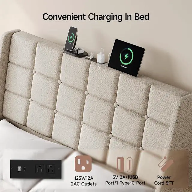 Alt view image 4 of 7 - Ergonomic Upholstered Full Size Headboard with Charging Station, Beige