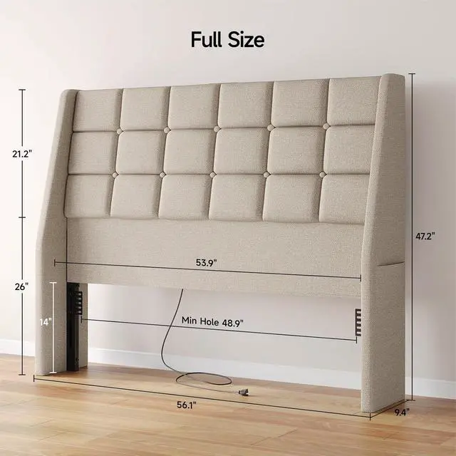 Alt view image 2 of 7 - Ergonomic Upholstered Full Size Headboard with Charging Station, Beige