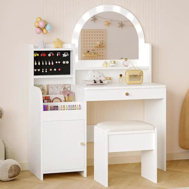 Main image of Kids Vanity Table and Chair Set with Lights for Girls, White