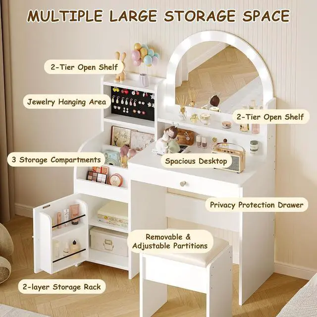 Alt view image 2 of 7 - Kids Vanity Table and Chair Set with Lights for Girls, White