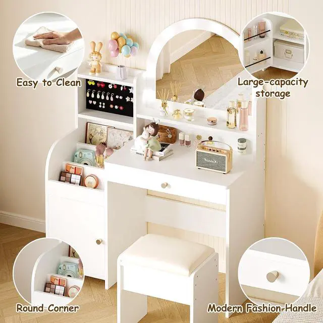 Alt view image 7 of 7 - Kids Vanity Table and Chair Set with Lights for Girls, White
