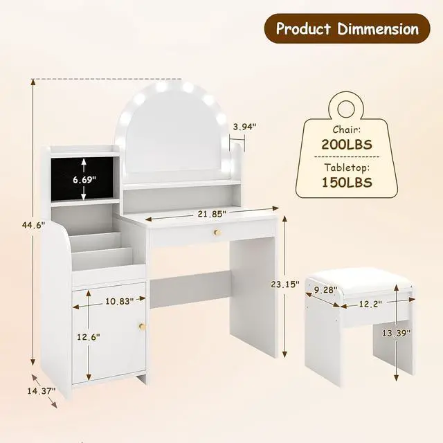 Alt view image 5 of 7 - Kids Vanity Table and Chair Set with Lights for Girls, White