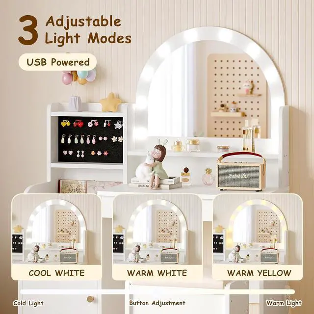 Alt view image 6 of 7 - Kids Vanity Table and Chair Set with Lights for Girls, White