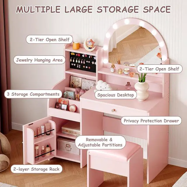Alt view image 2 of 7 - Kids Vanity Table and Chair Set with Lights for Girls, Pink