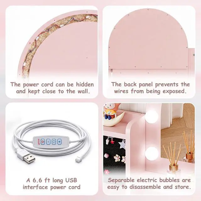 Alt view image 3 of 7 - Kids Vanity Table and Chair Set with Lights for Girls, Pink