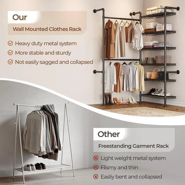 Alt view image 5 of 7 - 2-Bay Wall-Mounted Closet System, Expandable Industrial Pipe Clothing Rack