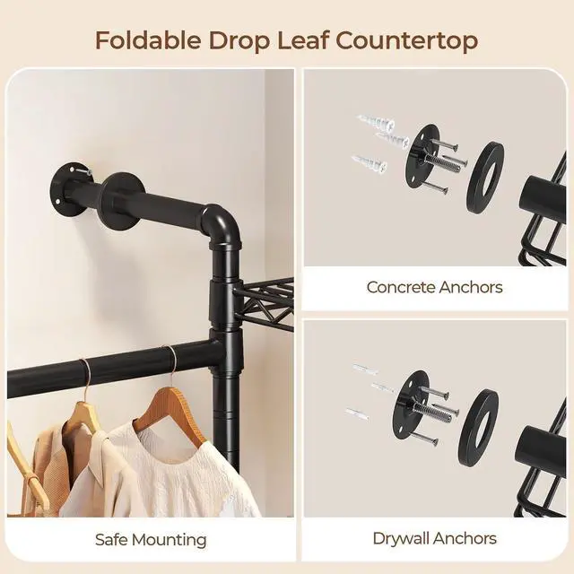 Alt view image 7 of 7 - 2-Bay Wall-Mounted Closet System, Expandable Industrial Pipe Clothing Rack