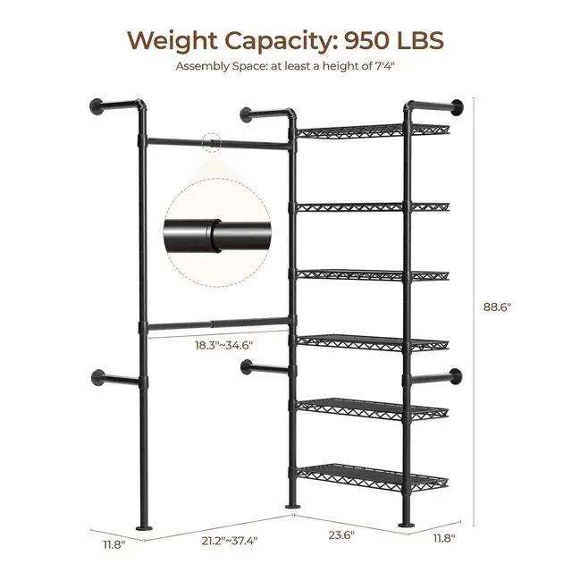 Alt view image 6 of 7 - 2-Bay Wall-Mounted Closet System, Expandable Industrial Pipe Clothing Rack