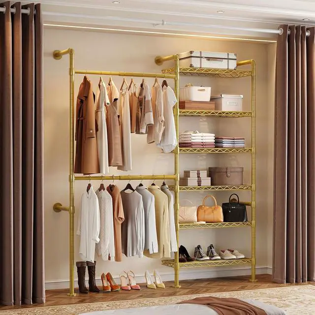 Main image of 2-Bay Wall-Mounted Closet System, Expandable Industrial Pipe Clothing Rack