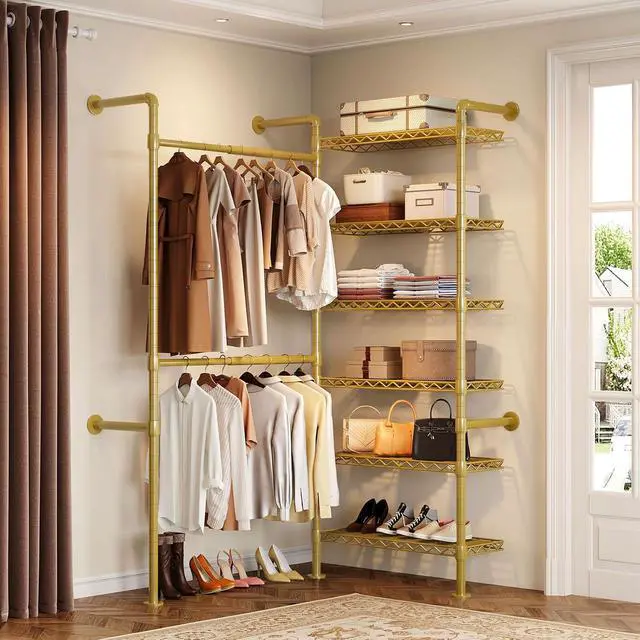 Alt view image 2 of 7 - 2-Bay Wall-Mounted Closet System, Expandable Industrial Pipe Clothing Rack