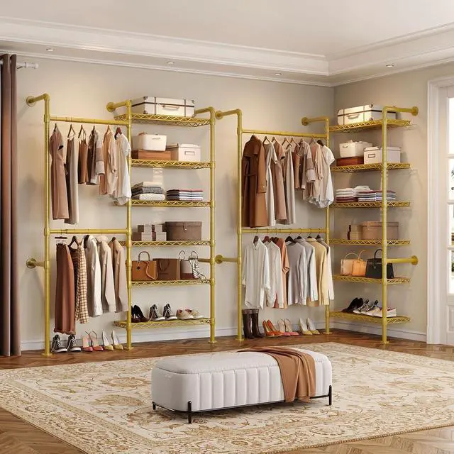 Alt view image 3 of 7 - 2-Bay Wall-Mounted Closet System, Expandable Industrial Pipe Clothing Rack