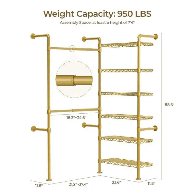 Alt view image 6 of 7 - 2-Bay Wall-Mounted Closet System, Expandable Industrial Pipe Clothing Rack