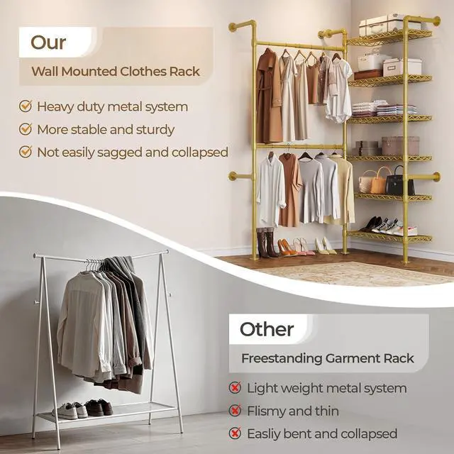 Alt view image 5 of 7 - 2-Bay Wall-Mounted Closet System, Expandable Industrial Pipe Clothing Rack