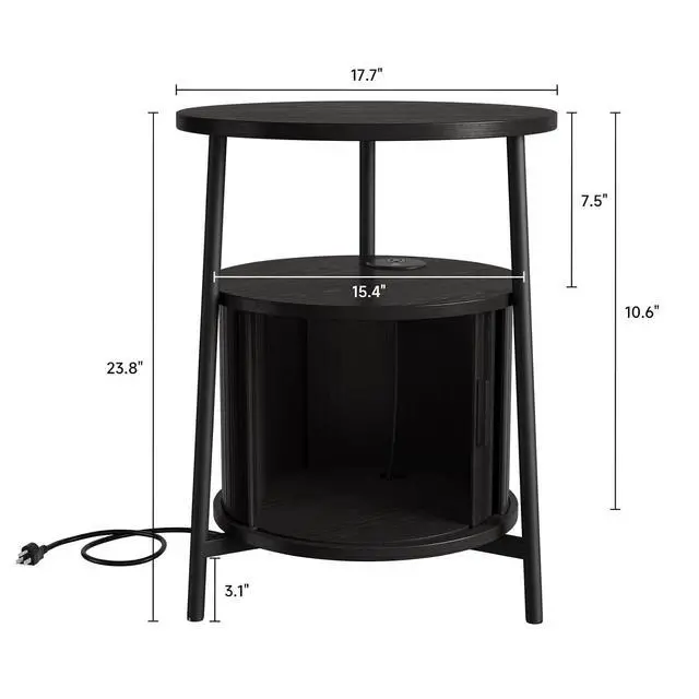 Alt view image 2 of 7 - Round Side Table with Charging Station, Black