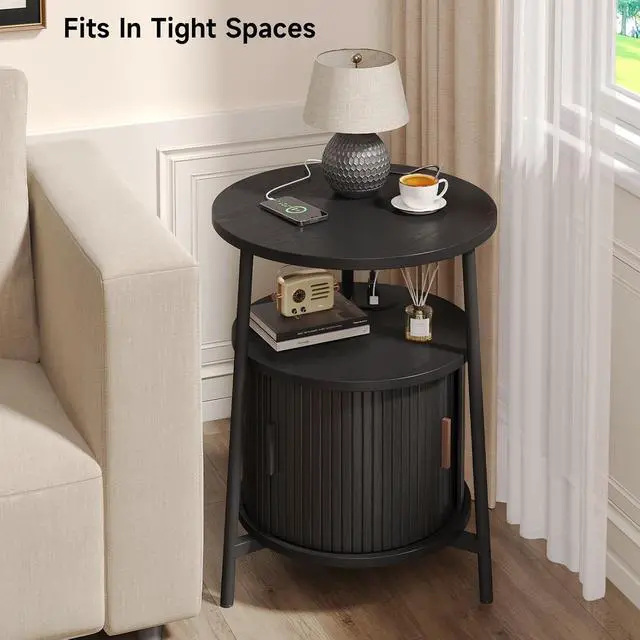 Alt view image 3 of 7 - Round Side Table with Charging Station, Black