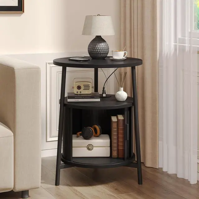 Alt view image 4 of 7 - Round Side Table with Charging Station, Black