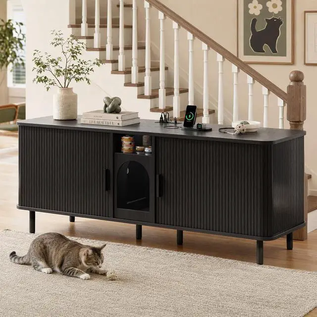 Alt view image 7 of 7 - 65" Double Cat Litter Box Enclosure with Power Outlet,Black
