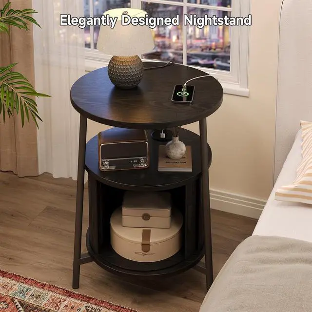 Alt view image 6 of 7 - Round Side Table with Charging Station, Black