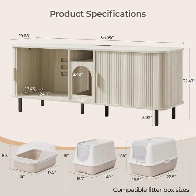Alt view image 2 of 7 - 65" Double Cat Litter Box Enclosure with Power Outlet, White