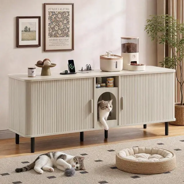 Main image of 65" Double Cat Litter Box Enclosure with Power Outlet, White