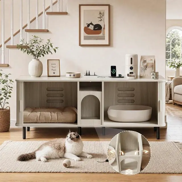 Alt view image 4 of 7 - 65" Double Cat Litter Box Enclosure with Power Outlet, White