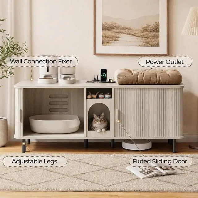 Alt view image 5 of 7 - 65" Double Cat Litter Box Enclosure with Power Outlet, White