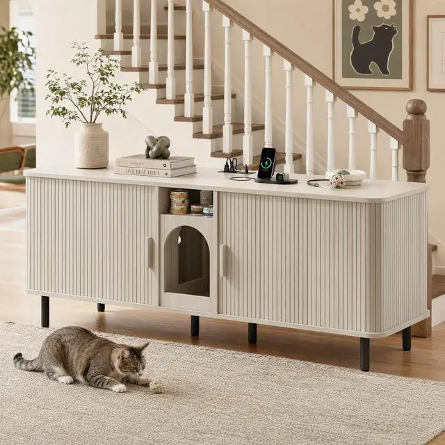 Alt view image 7 of 7 - 65" Double Cat Litter Box Enclosure with Power Outlet, White