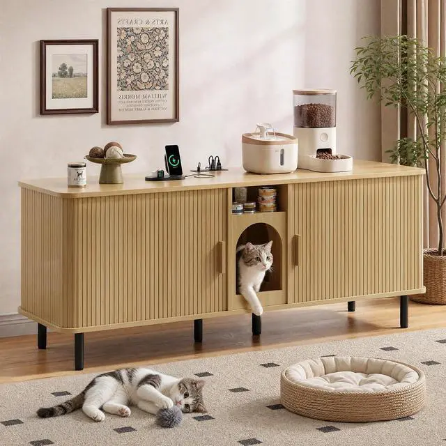 Main image of 65" Double Cat Litter Box Enclosure with Power Outlet,Oak
