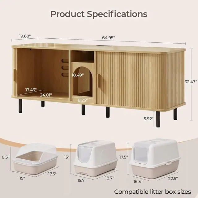 Alt view image 2 of 7 - 65" Double Cat Litter Box Enclosure with Power Outlet,Oak