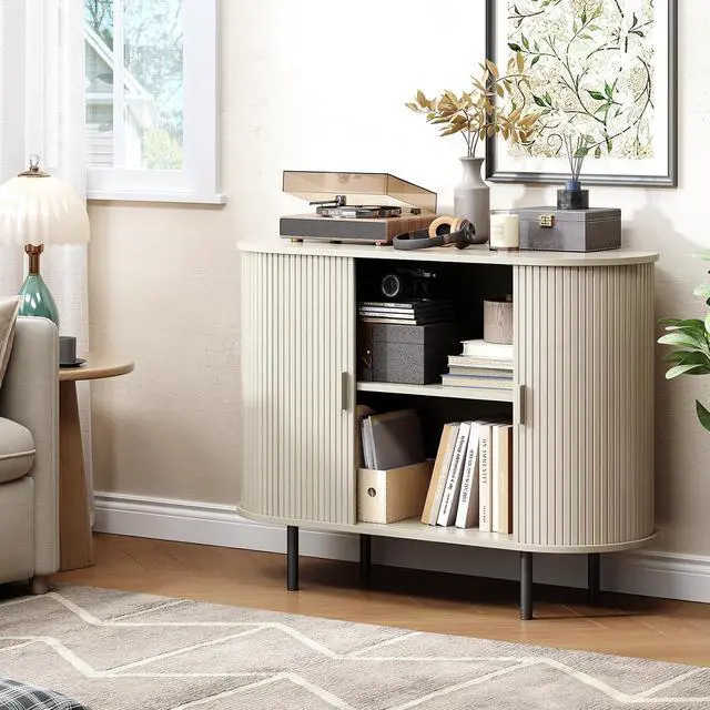 Alt view image 7 of 7 - Buffet Cabinet Storage Fluted Buffet Sideboard(40"/Natural White)